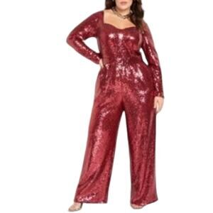 Eloquii Cranberry Red Sequin Party Sweetheart‎ Neck Jumpsuit Plus Size 20 2X New